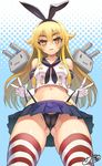  ashikaga_chachamaru black_panties blonde_hair blush breasts cameltoe cosplay covered_nipples crop_top double_v elbow_gloves fang from_below gloves hairband halftone highleg highleg_panties highres kantai_collection long_hair look-alike looking_at_viewer medium_breasts microskirt midriff naughty_face navel ookuma_(nitroplus) open_mouth panties panty_lift rensouhou-chan sailor_collar shimakaze_(kantai_collection) shimakaze_(kantai_collection)_(cosplay) skirt smile solo soukou_akki_muramasa striped striped_legwear thighhighs underwear v wedgie white_gloves yellow_eyes 