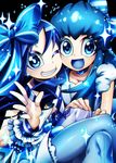  :d black_background blue blue_bow blue_eyes blue_hair blue_legwear blue_tongue bow choker color_connection colored_eyelashes hair_bow happinesscharge_precure! heartcatch_precure! kurumi_erika long_hair looking_at_viewer multiple_girls ninomae open_mouth pantyhose precure shirayuki_hime sidelocks skirt smile sparkle striped striped_bow trait_connection wrist_cuffs 