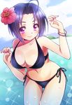  81_(mellowry) ahoge blue_hair breasts flower hair_flower hair_ornament idolmaster idolmaster_(classic) large_breasts miura_azusa red_eyes short_hair smile solo swimsuit wading 