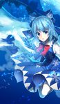 :o blue_bow blue_dress blue_eyes blue_hair bow cirno dress hair_bow highres ice ice_wings looking_at_viewer motsuba puffy_short_sleeves puffy_sleeves red_bow short_hair short_sleeves snowflake_print solo touhou wings 