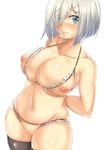  arms_behind_back black_legwear blue_eyes blush bra breasts censored closed_mouth collarbone crotchless_clothes crotchless_swimsuit cupless_bra eyes_visible_through_hair hair_ornament hair_over_one_eye hairclip hamakaze_(kantai_collection) kantai_collection large_breasts looking_at_viewer mosaic_censoring navel nippleless_clothes nipples saintshiro short_hair silver_hair simple_background skindentation solo swimsuit thick_thighs thighhighs thighs underwear wavy_mouth white_background 