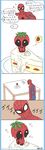  bad_id bad_pixiv_id bodysuit cake chibi chiemi_(chi222xxx) comic deadpool eighth_note food fruit highres male_focus marvel multiple_boys musical_note note sitting spider-man spider-man_(series) strawberry superhero sweat table thought_bubble translated twitter_username 