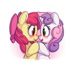  apple_bloom_(mlp) blush bobdude0 cub cute duo earth_pony equine eye_contact female freckles friendship_is_magic green_eyes hair horn horse mammal my_little_pony open_mouth pony red_hair simple_background smile sweetie_belle_(mlp) tongue unicorn white_background young 