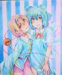  blue_eyes blue_hair bow cirno graphite_(medium) hair_bow hairband happy head_tilt hug ice ice_wings komeiji_satori lips looking_at_viewer multiple_girls open_mouth photo purple_hair red_eyes short_hair smile striped striped_background touhou traditional_media watercolor_(medium) wings yuyu_(00365676) 