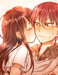  1girl bad_id bad_pixiv_id blush cheek_kiss closed_eyes couple embarrassed glasses hetero ikezawa_masaomi kiss long_hair love_lab maki_natsuo riio_(ohlychan) short_hair sweatdrop 