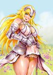  bare_shoulders blonde_hair blue_eyes blush breasts cleavage covered_nipples fate/apocrypha fate/grand_order fate_(series) highres jeanne_d'arc_(fate) jeanne_d'arc_(fate)_(all) large_breasts long_hair looking_down mozu-k nipples pubic_hair see-through sheath sheathed skirt skirt_lift smile solo sword thighs weapon 