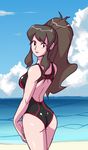  alternate_eye_color black_eyes breasts brown_hair deadmoon_(kein2002) long_hair medium_breasts pokemon pokemon_(game) pokemon_bw ponytail solo swimsuit touko_(pokemon) 