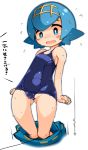  bare_shoulders blue_eyes blue_hair blue_outline blue_pants blue_swimsuit blush blush_stickers breasts cameltoe clenched_hands collarbone covered_navel creatures_(company) directional_arrow embarrassed female fishing_hook fishing_line game_freak hairband japanese_text karukan_(monjya) matching_hair/eyes nintendo nose_blush one-piece_swimsuit open_mouth pants pants_pull pokemon pokemon_(game) pokemon_sm shiny shiny_clothes shiny_skin short_hair simple_background small_breasts solo standing suiren_(pokemon) surprised sweat swimsuit talking text_focus thigh_gap translation_request white_background yellow_hairband 