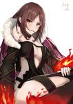  1girl absurdres bangs bare_shoulders biting_hair black_dress breasts brown_eyes brown_hair center_opening choker cleavage collarbone commentary_request consort_yu_(fate) dress eyebrows_visible_through_hair fate/grand_order fate_(series) fire fur_trim hair_in_mouth highres jacket long_hair looking_at_viewer medium_breasts sideboob sitting solo strapless strapless_dress sunnydoll 
