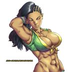  abs arm_up armpits asymmetrical_hair black_hair bottomless bracelet breasts cornrows dark_skin front-tie_top hair_flip jewelry large_breasts laura_matsuda lips long_hair mick_cortes muscle muscular_female out-of-frame_censoring solo street_fighter street_fighter_v upper_body watermark web_address white_background 