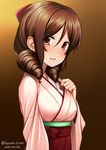  bow brown_hair drill_hair hair_bow hakama harukaze_(kantai_collection) japanese_clothes kantai_collection kimono lips long_hair meiji_schoolgirl_uniform nakamura_kusata pink_kimono red_bow red_eyes red_hakama smile solo twin_drills 