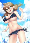  2016 :d amano_megumi amano_megumi_wa_suki_darake! aqua_eyes artist_name ass_visible_through_thighs bare_arms bikini blurry breasts brown_hair cloud cloudy_sky dated day depth_of_field dutch_angle eyebrows_visible_through_hair frilled_bikini frills hair_between_eyes hattori_masaki large_breasts long_hair low_twintails open_mouth outstretched_arm revealing_clothes side-tie_bikini skindentation sky smile solo splashing standing standing_on_liquid swimsuit thighs twintails underboob water wet 