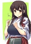  :t akagi_(kantai_collection) blush brown_eyes brown_hair ear eating hakama_skirt japanese_clothes kantai_collection long_hair long_sleeves looking_at_viewer muneate nontraditional_miko red_skirt shinshin skirt sleeves_folded_up solo straight_hair tasuki 