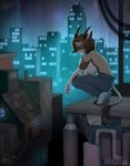  2016 5_fingers anthro breasts brown_hair city clothed clothing crouching detailed_background female hair horn kaitycuddle looking_at_viewer mammal night outside pants side_boob smile solo topless 