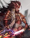  ahoge armor artist_name brown_hair coat electricity fire_emblem fire_emblem_if katana long_coat long_hair male_focus mask paula_biedma raijintou_(sword) rain red_armor red_eyes ryouma_(fire_emblem_if) scabbard serious sheath shoulder_armor sleeveless sleeveless_coat solo spiked_hair sword unsheathing weapon white_coat wind wind_lift 