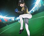  :&gt; :q artstation_sample baseball baseball_cap baseball_mitt baseball_stadium baseball_uniform belt black_footwear blurry breasts brown_hair depth_of_field emphasis_lines erica_june_lahaie hat hokkaido_nippon-ham_fighters holding image_sample indoors leg_up long_sleeves medium_breasts nippon_professional_baseball original pants pitcher pitching shoes short_hair short_sleeves solo_focus sparkle sportswear standing standing_on_one_leg sweat tongue tongue_out watermark white_pants yellow_eyes 
