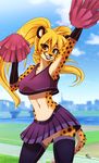  2016 amber_eyes anthro armpits black_nose blonde_hair cheerleader cheetah clothed clothing detailed_background feline female fluff-kevlar fur grin hair mammal midriff navel outside pom_poms skirt slim smile solo spots spotted_fur teeth white_fur wide_hips yellow_fur 