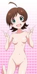  1girl :d ahoge blush breasts brown_hair female gradient gradient_background green_eyes halftone_background happy heart heart_background idolmaster idolmaster_million_live! kinoshita_hinata looking_at_viewer navel nipples nude open_mouth pink_background pubic_hair pussy short_hair signature small_breasts smile solo uncensored vzmk2 white_background 