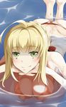  ahoge ass blonde_hair breasts cleavage covered_nipples fate/extella fate/extra fate_(series) green_eyes highres large_breasts lo_(pixiv14046691) looking_at_viewer nero_claudius_(fate) nero_claudius_(fate)_(all) ocean smile solo water wet 