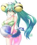  2016 aqua_hair ball beachball bikini bow breasts cleavage covered_nipples dated extra_eyes gradient_hair green_hair hair_bow highres jacqueline_(show_by_rock!!) large_breasts long_hair looking_at_viewer multicolored_hair navel ponytail show_by_rock!! simple_background solo strap_gap swimsuit tadpole_tail transparent very_long_hair white_background yellow_eyes yoshida_hideyuki 