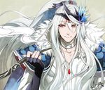  chinese_clothes choker fingerless_gloves gloves grey_background highres lin_xue_ya long_hair male_focus ookuma_(nitroplus) pipe red_eyes signature silver_hair smile solo thunderbolt_fantasy upper_body 