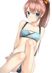  bikini blue_eyes blush breasts brown_hair gin00 hair_ribbon highres kantai_collection kazagumo_(kantai_collection) long_hair looking_at_viewer ponytail ribbon simple_background sitting sketch small_breasts solo striped striped_bikini swimsuit white_background 