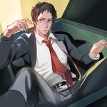  adachi_tooru black_hair dumpster formal grey_eyes jacket looking_at_viewer magatsumagic male_focus messy_hair necktie open_clothes open_jacket parted_lips persona persona_4 red_neckwear solo suit 