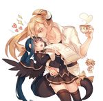  1girl bad_id bad_pixiv_id blonde_hair blue_eyes blue_hair colored_eyelashes cup dizzy eyepatch family guilty_gear hair_ribbon heart hug husband_and_wife ky_kiske long_hair newspaper red_eyes ribbon san_(winteroll) sin_kiske tail tail_ribbon thighhighs wings 