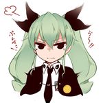  akitsuchi_shien alternate_eye_color anchovy anger_vein angry anzio_school_uniform bangs black_eyes cape closed_mouth dress_shirt drill_hair emblem frown fume girls_und_panzer green_hair hair_ribbon long_hair long_sleeves looking_at_viewer necktie ribbon school_uniform shirt simple_background solo translated twin_drills twintails upper_body wavy_mouth white_background white_shirt 