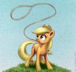  2016 applejack_(mlp) blonde_hair cowboy_hat cutie_mark earth_pony el-yeguero equine female feral freckles friendship_is_magic fur grass green_eyes grey_background hair hat horse lasso mammal my_little_pony orange_fur pony simple_background smile solo 