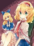  :o alice_margatroid aqua_eyes blonde_hair blue_bow blue_dress blush bow capelet commentary_request dress floral_background frills hairband lolita_hairband looking_at_viewer nikorashi-ka puffy_sleeves shanghai_doll short_hair solo touhou white_capelet 