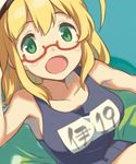  bangs blonde_hair breasts character_name commentary_request cosplay glasses green_eyes i-19_(kantai_collection) i-19_(kantai_collection)_(cosplay) i-8_(kantai_collection) innertube kantai_collection large_breasts long_hair looking_at_viewer name_tag nonco one-piece_swimsuit open_mouth red-framed_eyewear school_swimsuit sidelocks sketch solo swimsuit 