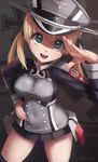 :d anchor_hair_ornament aqua_eyes artist_name black_legwear blonde_hair breasts commentary hair_ornament hand_on_hip hat highres iron_cross kantai_collection large_breasts looking_at_viewer microskirt military military_hat military_uniform novcel open_mouth peaked_cap prinz_eugen_(kantai_collection) revision salute skirt smile solo swastika teeth thighhighs twintails uniform 