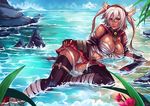  bandages bare_shoulders breasts brown_eyes budget_sarashi cloud covered_nipples dark_skin fingerless_gloves flower glasses gloves hand_on_hip island kachima kantai_collection large_breasts lips long_hair looking_to_the_side miniskirt musashi_(kantai_collection) partially_submerged plant pleated_skirt sarashi skirt solo thigh_strap thighhighs twintails water wet white_hair 
