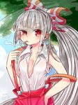  adapted_costume bangs blue_sky blunt_bangs bow breasts cigarette cleavage cloud collarbone dappled_sunlight day fujiwara_no_mokou hair_bow half-closed_eye hand_in_pocket highres hot ibaraki_natou long_ponytail looking_at_viewer mouth_hold neck open_clothes open_shirt pants red_eyes red_pants shiny shiny_hair shirt short_hair silver_hair sky sleeves_rolled_up small_breasts smoke smoking solo sunlight suspenders suspenders_pull suspenders_slip sweat touhou tree tree_shade white_shirt 