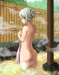  absurdres alternate_hairstyle ass bamboo_fence bare_back bath bathing breasts covering fence from_behind hair_up highres ippachi kantai_collection medium_breasts nude nude_cover onsen outdoors rock shoukaku_(kantai_collection) sideboob solo steam stone thighs towel wading water wet white_hair yellow_eyes 