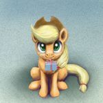  2016 applejack_(mlp) blonde_hair cowboy_hat earth_pony el-yeguero equine female feral freckles friendship_is_magic fur gift green_eyes grey_background hair hat horse looking_at_viewer mammal my_little_pony orange_fur pony simple_background smile solo 