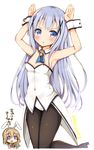  animal_ears bare_shoulders black_legwear blue_eyes blue_hair blush bunny_ears bunnysuit chestnut_mouth covered_navel detached_collar fake_animal_ears gochuumon_wa_usagi_desu_ka? hair_ornament hoto_cocoa kafuu_chino leotard long_hair looking_at_viewer money mori_airi multiple_girls pantyhose simple_background translated white_background wrist_cuffs x_hair_ornament 