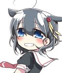  absurdres ahoge alternate_hair_length alternate_hairstyle black_hair black_serafuku blue_eyes commentary_request eyebrows eyebrows_visible_through_hair hair_flaps hair_ornament highres jako_(jakoo21) kantai_collection looking_at_viewer looking_to_the_side neckerchief red_neckwear remodel_(kantai_collection) school_uniform serafuku shigure_(kantai_collection) simple_background solo teeth white_background 