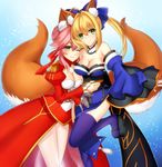  bad_id bad_pixiv_id blonde_hair breasts cleavage cosplay costume_switch fate/extella fate/extra fate_(series) green_eyes large_breasts multiple_girls nero_claudius_(fate) nero_claudius_(fate)_(all) nero_claudius_(fate)_(cosplay) one_eye_closed tamamo_(fate)_(all) tamamo_no_mae_(fate) tamamo_no_mae_(fate)_(cosplay) thighhighs yellow_eyes yunelala 