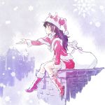  black_hair blake_belladonna boots chimney christmas dress fur_trim gift hat iesupa long_hair red_dress rwby sack santa_costume santa_hat snow yellow_eyes 