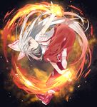  ass bangs bent_over bow burning_hand closed_mouth collared_shirt fire flat_chest fujiwara_no_mokou full_body gradient_hair hair_bow hair_ribbon leg_up light_particles long_hair looking_at_viewer multicolored_hair ofuda pants red_eyes red_footwear red_pants ribbon shirt shoe_soles shoes silver_hair solo suspenders tika_(mika4975) torn_clothes torn_shirt torn_sleeves touhou very_long_hair white_bow white_shirt 