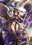  :d angel_wings arm_strap bare_shoulders breasts brown_hair dragon eruthika fantasy floating_swords flying fortress full_body gloves greaves hair_ornament highres long_hair magic medium_breasts open_mouth original outdoors pelvic_curtain red_eyes shorts smile strapless sword thighs tubetop very_long_hair weapon wings 