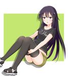  absurdres black_hair black_legwear blush clothes_writing ero_mang-a highres long_hair original purple_eyes shirt shorts solo t-shirt thighhighs 