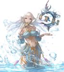  astrologian_(final_fantasy) au_ra bare_shoulders blue_eyes breasts bustier card card_in_mouth dark_skin final_fantasy final_fantasy_xiv floating_hair highres jewelry large_breasts long_hair looking_at_viewer mouth_hold navel pelvic_curtain potion_lilac solo wading water white_hair 