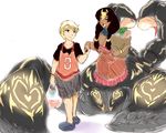  1girl bag black_hair blonde_hair bracelet braid bread breasts collarbone dark_skin food jewelry karakure_(kamo-nanban) large_breasts monster_girl scorpion simple_background smile traditional_clothes twin_braids walking 