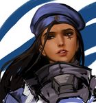  alternate_costume ana_(overwatch) beret black_hair brown_eyes captain_amari dark_skin hat jang_ju_hyeon lips long_hair nose overwatch parted_lips portrait realistic solo younger 