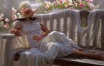  andrey_belichenko bad_anatomy barefoot bench book brown_hair dress flower full_body hat holding holding_book long_hair open_book original photorealistic profile realistic sitting solo sun_hat white_dress 