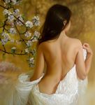  andrey_belichenko back blurry brown_hair clothes_down depth_of_field flower from_behind hair_over_shoulder jewelry necklace original photorealistic solo 