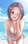  2016 ;d ahoge artist_name beach bikini blue_hair blush breasts dated day front-tie_top hand_on_own_cheek happy_birthday idolmaster idolmaster_(classic) large_breasts leaning_forward maru_(maru1625) miura_azusa one_eye_closed open_mouth outdoors red_eyes short_hair side-tie_bikini signature smile solo swimsuit water wet wet_hair 